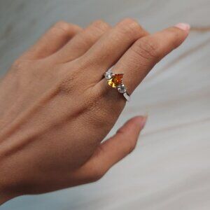 Simulated Orange Citrine & Lab Grown Diamond Pear Round ring .925 Sterling Silve